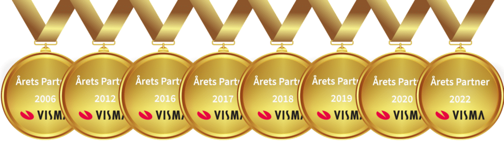 Åtta guldmedaljer på rad med texten "årets visma partner" i olika årtal